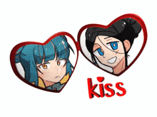 a couple of heart shaped frames with the word kiss on it