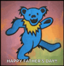 a blue bear with a yellow collar is dancing with the words happy father 's day below it