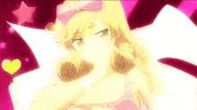 a girl with blonde hair and a pink bow on her head is laying on a bed