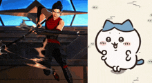 a picture of a man holding a sword next to a picture of a cat with a blue bow