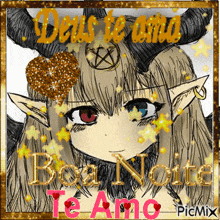 a drawing of a girl with horns and the words deus te amo boa noite te amo