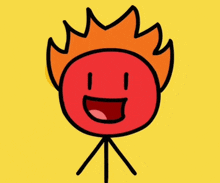 a cartoon drawing of a red ball with flames coming out of it 's head