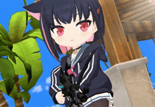 a girl with black hair and red eyes is holding a gun in her hand