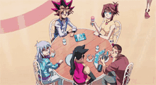 a group of anime characters are sitting around a table eating ice cream