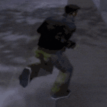 a man in a black jacket and green pants is running