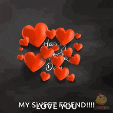 a valentine 's day card with red hearts and the words " happy valentine 's day my love you "