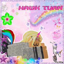 a picture of a girl with a unicorn on her head and the name hawk tuah
