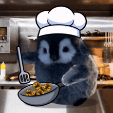 a penguin wearing a chef 's hat is stirring a bowl of food