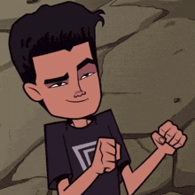 a cartoon drawing of a man wearing a black shirt with a triangle on it