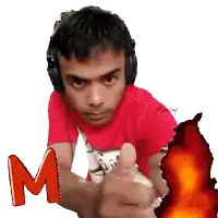a man wearing headphones giving a thumbs up with the letter m in front of him