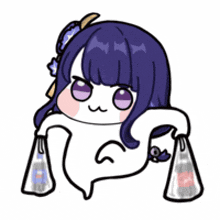 a cartoon drawing of a girl with purple hair holding a bag of soda .