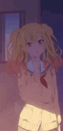 a blonde anime girl with pigtails is standing in front of a window .
