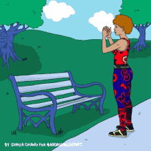 a cartoon of a person standing next to a bench with the words by sophia chang for adidas stellasport
