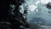 a monster with horns is surrounded by trees and rocks in a dark forest