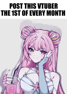 a girl with pink hair is holding a pink drink with a straw