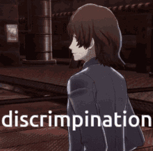 a man in a suit is standing in front of a sign that says " discrimination "