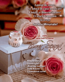a picture of roses and a candle that says buna seara on it