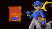a cartoon character is holding a sword in front of a book that says ' sly cooper 's pacers '