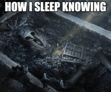 a picture of a statue with the words " how i sleep knowing " on it