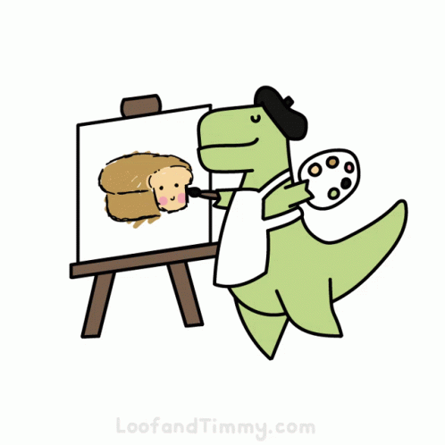 a green dinosaur wearing an art had and holding a paint palette and painting a loaf of bread on a canvas