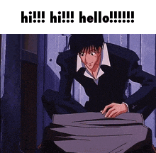 a man in a suit is kneeling down and says hi hello