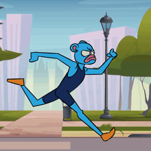 a cartoon drawing of a blue bear running down a sidewalk