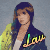 a woman wearing a leather jacket with the word law written on the bottom