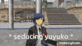 a man in a suit and tie is walking down a street with the words seducing yuyuko below him