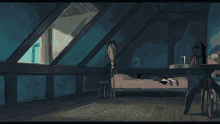 a person laying on a bed in a dark attic