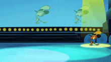 a cartoon character is standing on a stage with a spotlight shining on him