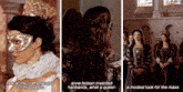 three images of a woman wearing a mask and a dress