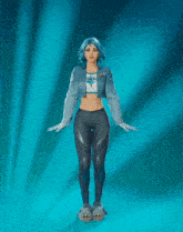 a girl with blue hair is wearing a shirt that says sharks