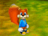 a cartoon squirrel is standing in a field holding an acorn and a ball .