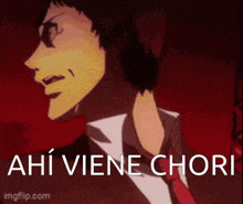 a man in a suit and tie with the words ahi viene chori written on the bottom