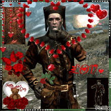 a valentine 's day greeting card with a man holding a red rose