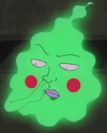 a green cartoon character with red circles on it 's face