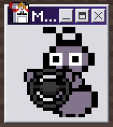 a pixel art of a cartoon character with the letters m and x visible