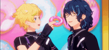 two anime characters are standing next to each other with one holding a donut