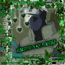 a picture of kakashi and his boyfriend is surrounded by green leaves and hearts