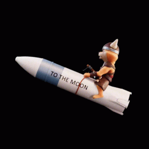 A claymation animation of a viking fox riding a rocket through space that says that says "to the Moon."