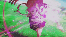 a girl in a school uniform is flying through the air with a sword .