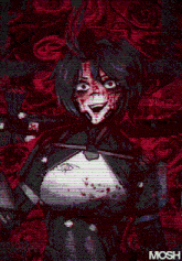 a drawing of a girl with blood on her face and mosh in the bottom right corner