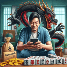 a man playing mahjong with a dragon behind him