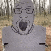 a cardboard cutout of a man with glasses and a beard is standing in a forest .
