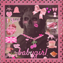 a picture of a skull with a pink necklace and the words babygirl on the bottom