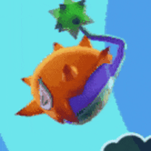 a cartoon character is flying through the air with a purple tail