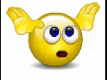 a yellow smiley face with green eyes is covering his mouth with his hand .