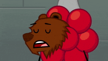 a cartoon bear with red balloons around his neck