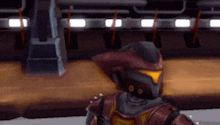 a robot with a helmet on is standing in a room with a wooden floor .