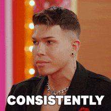 a man in a black jacket with the word consistently on the bottom